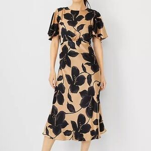 ANN TAYLOR Studio Collection Floral Silk Flutter Sleeve Flare Dress